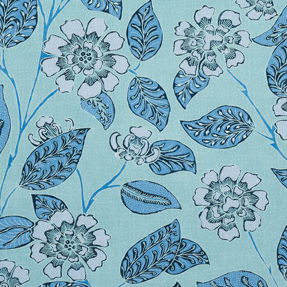 Light turquoise fabric with blue floral and leaf pattern; stylized flowers, vines and leaves in varying blue tones.