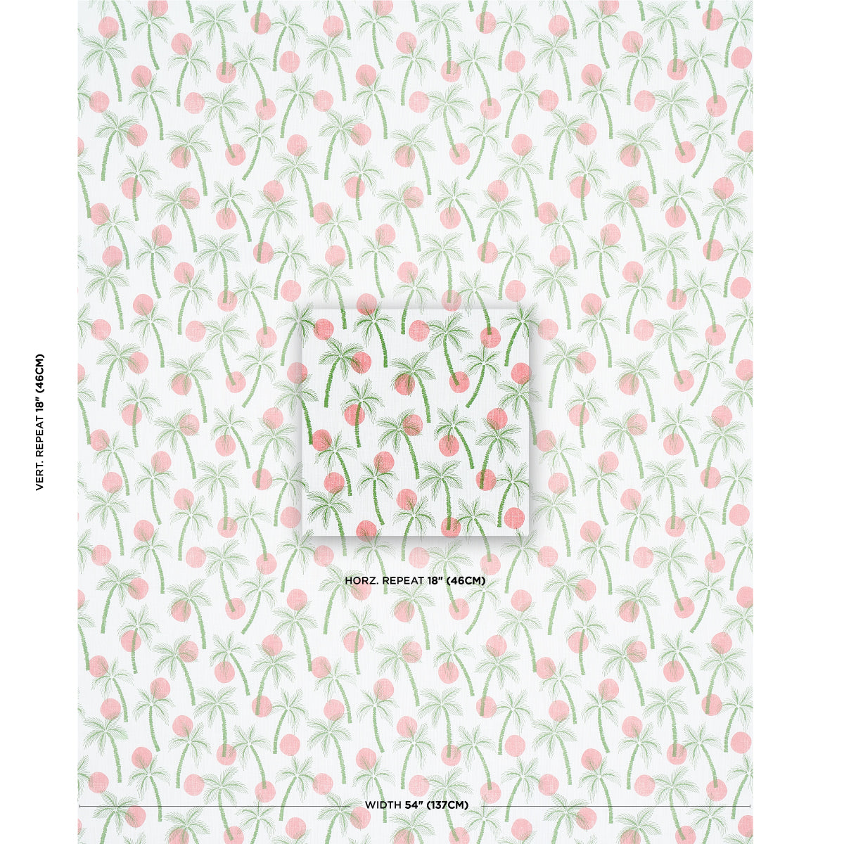 Pastel palm tree wallpaper with mint-green trunks and pink round fruits in a seamless repeat.