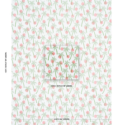 Pastel palm tree wallpaper with mint-green trunks and pink round fruits in a seamless repeat.