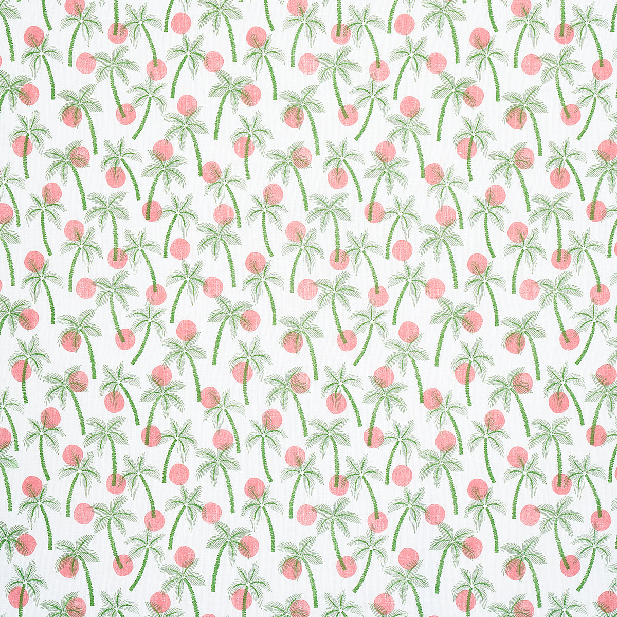Pastel palm trees with pink coconuts on white; tropical, seamless pattern for fabric or wallpaper.