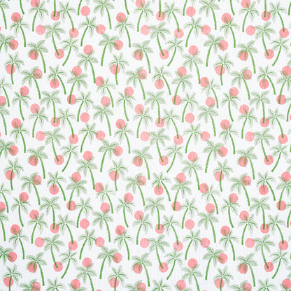 Pastel palm trees with pink coconuts on white; tropical, seamless pattern for fabric or wallpaper.