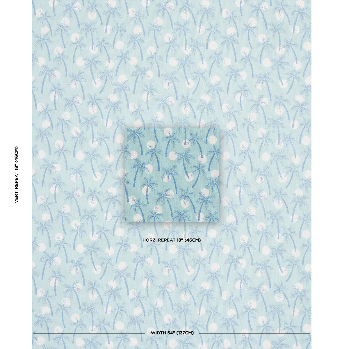Light blue palm-tree pattern fabric swatch with white silhouettes in a repeating tropical motif.
