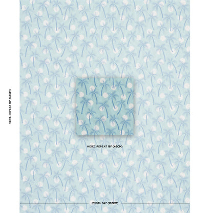 Light blue palm-tree pattern fabric swatch with white silhouettes in a repeating tropical motif.