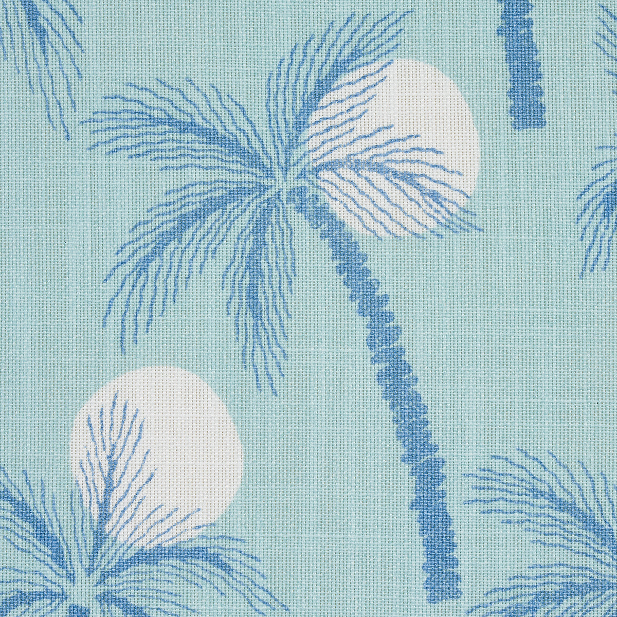 Teal fabric featuring blue palm trees and white sun discs in a tropical pattern.