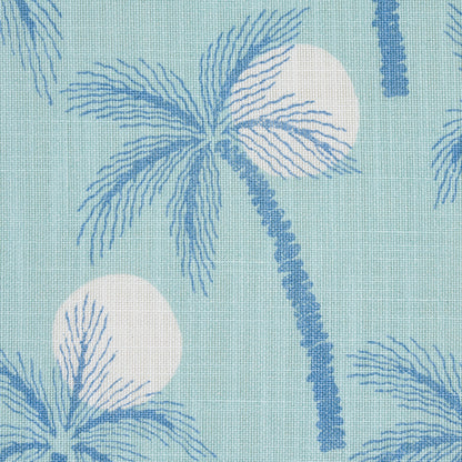 Teal fabric featuring blue palm trees and white sun discs in a tropical pattern.