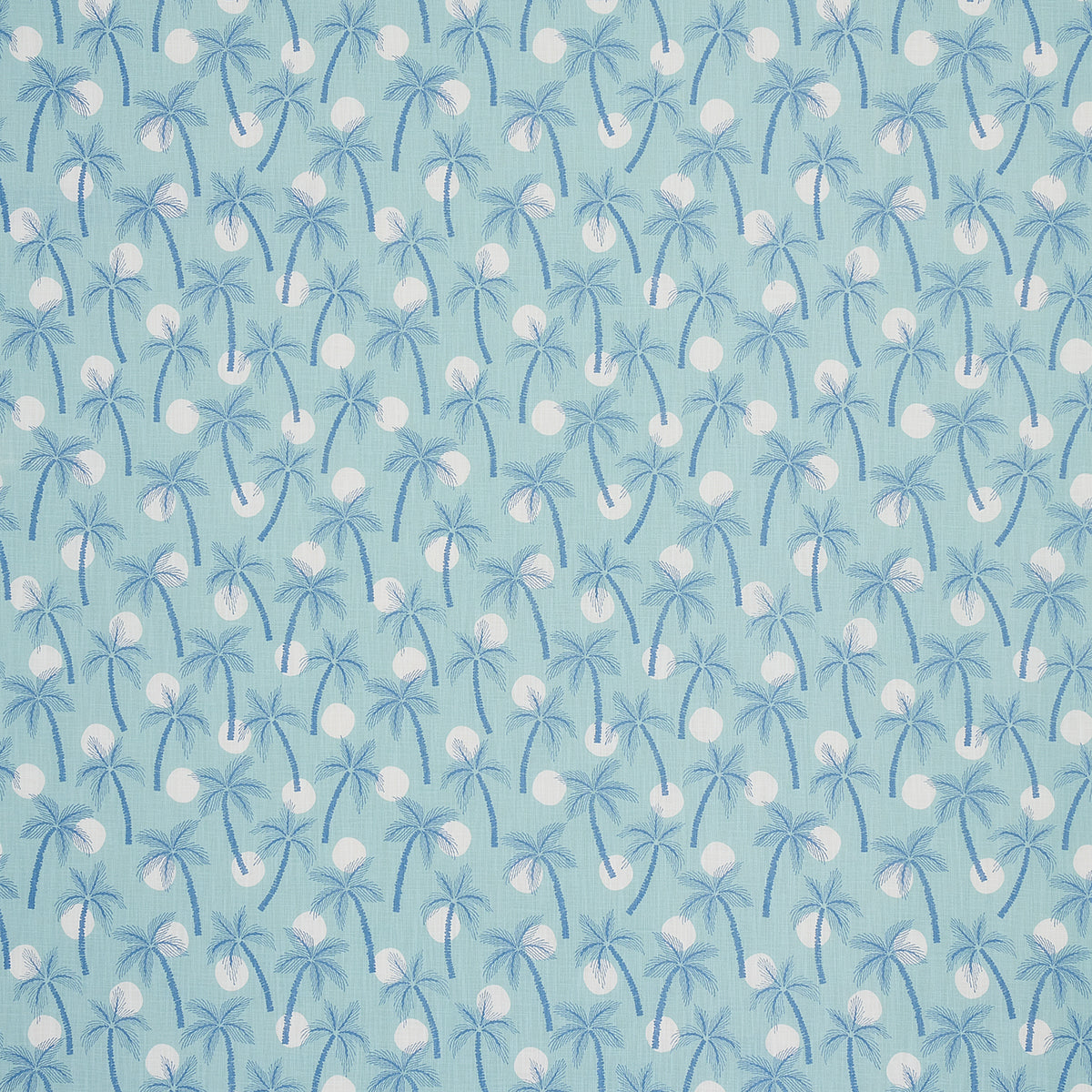 Soft blue tropical palm tree pattern with white coconuts, repeating indoor/outdoor print.