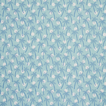 Soft blue tropical palm tree pattern with white coconuts, repeating indoor/outdoor print.