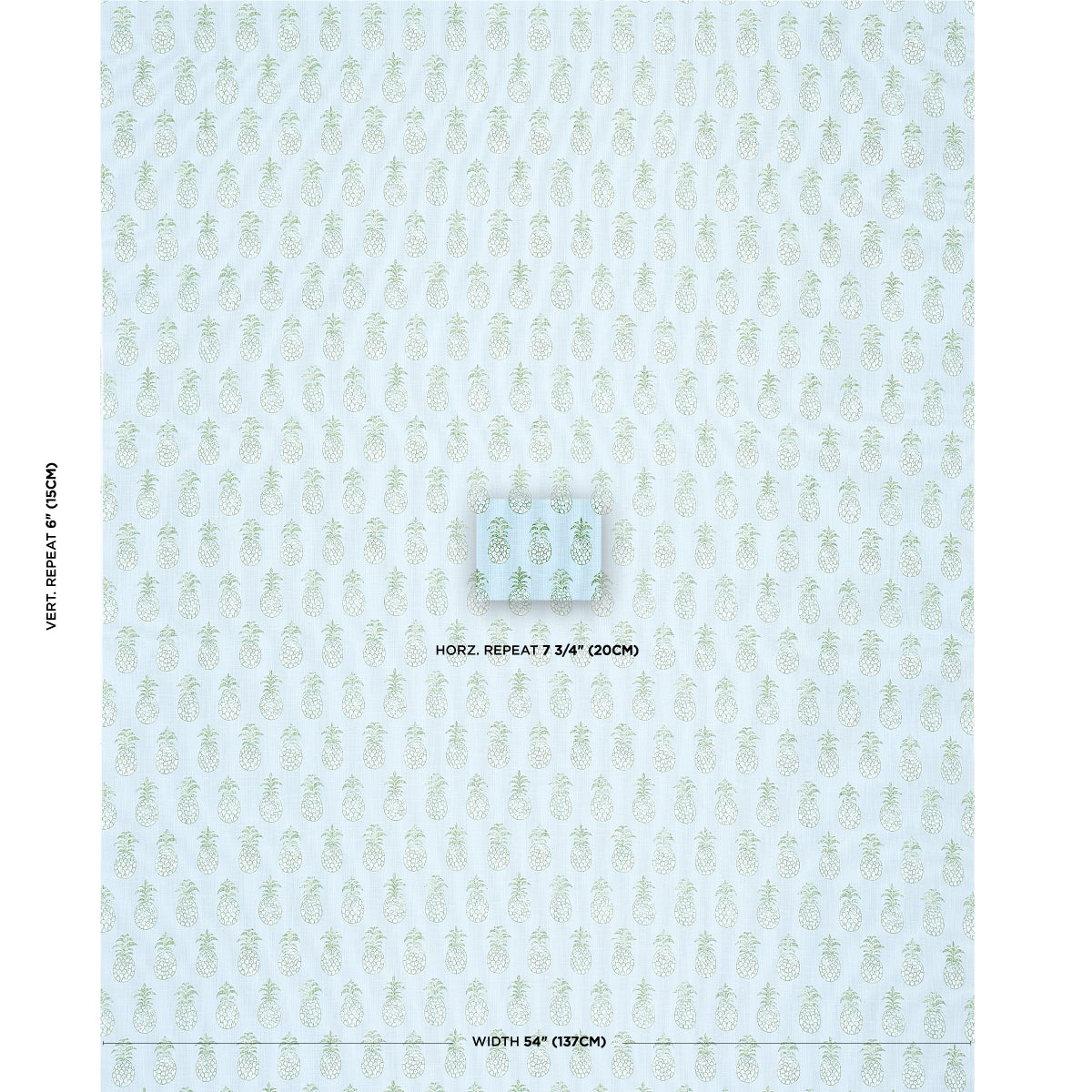 Mint blue wallpaper with pale pineapple repeat pattern; centered magnified square; vertical/horizontal repeat notes
