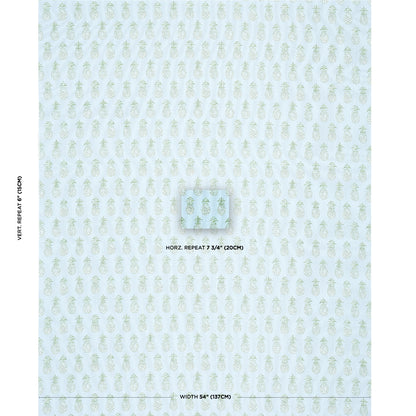 Mint blue wallpaper with pale pineapple repeat pattern; centered magnified square; vertical/horizontal repeat notes