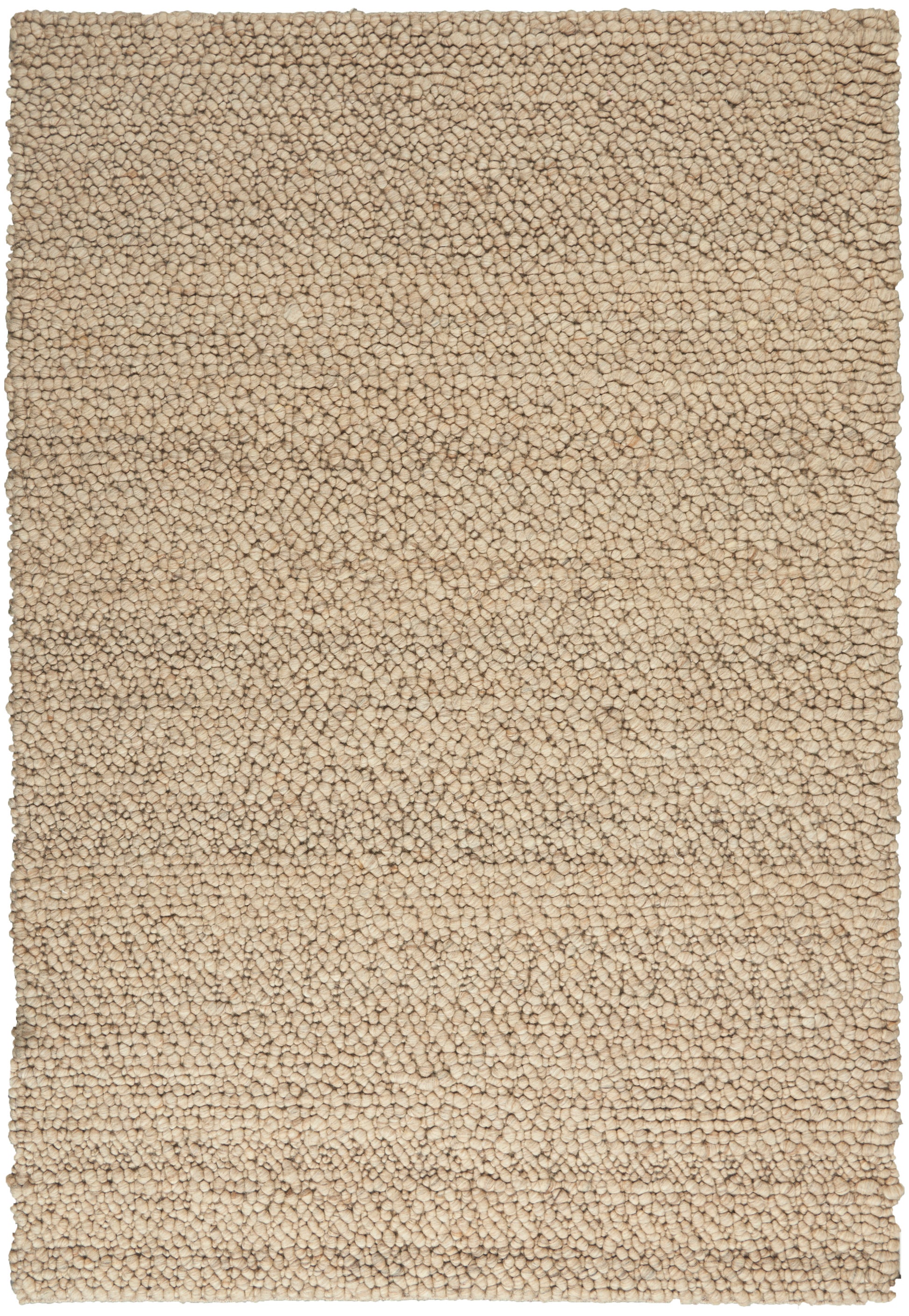 Beige shag rug with dense loop pile; rectangular, cozy floor covering for living rooms or bedrooms.