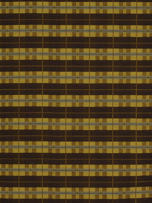 Woven fabric with dark brown and mustard-yellow horizontal stripes forming a grid; warm upholstery or rug textile.