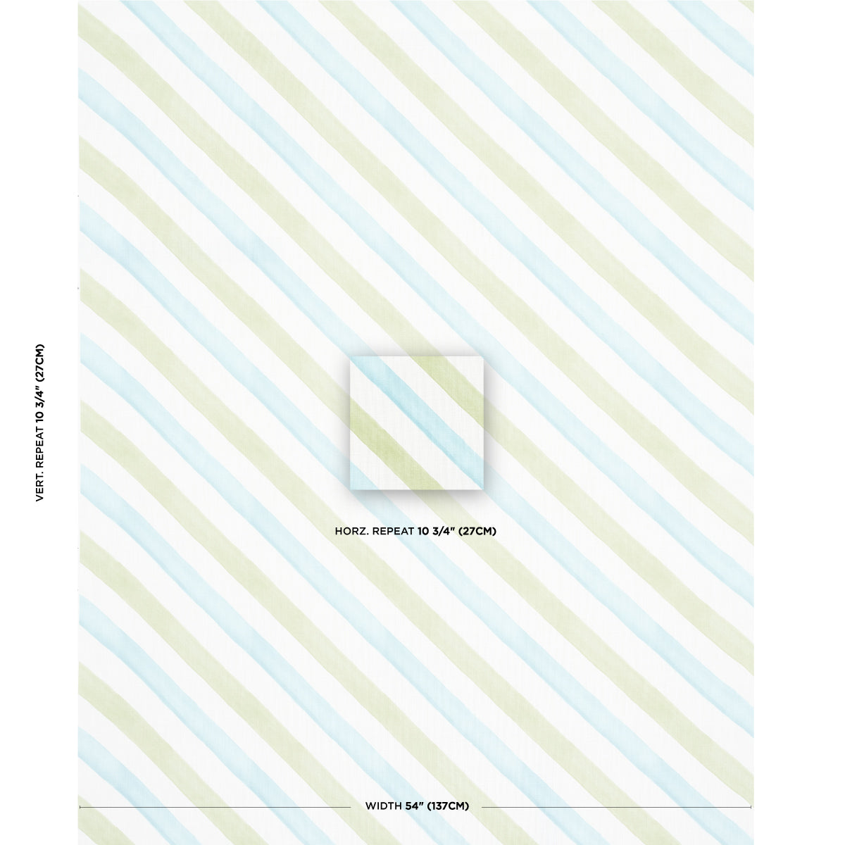 Pastel diagonal stripe wallpaper in blue, mint green and pale yellow; 54" wide with 10.75" horizontal repeat.