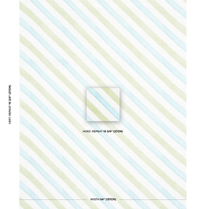 Pastel diagonal stripe wallpaper in blue, mint green and pale yellow; 54" wide with 10.75" horizontal repeat.