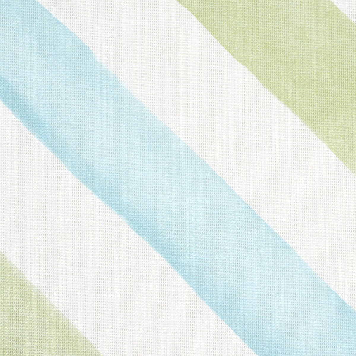 Pastel diagonal striped indoor/outdoor print with light blue and pale green bands on a white linen-like weave.