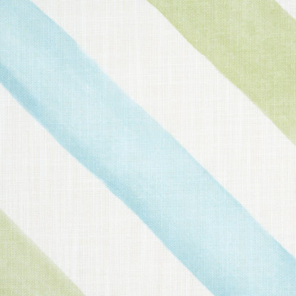 Pastel diagonal striped indoor/outdoor print with light blue and pale green bands on a white linen-like weave.