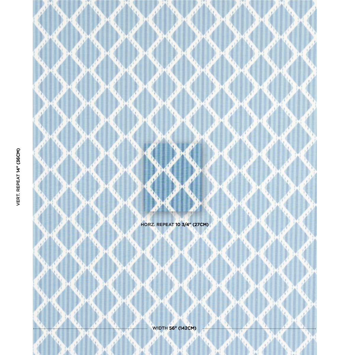 Blue and white lattice trellis wallpaper with a diamond grid pattern; coastal, fabric-like look.