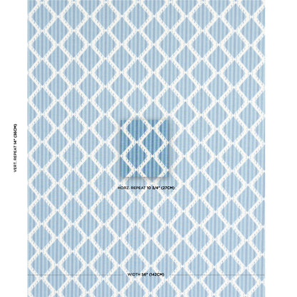 Blue and white lattice trellis wallpaper with a diamond grid pattern; coastal, fabric-like look.