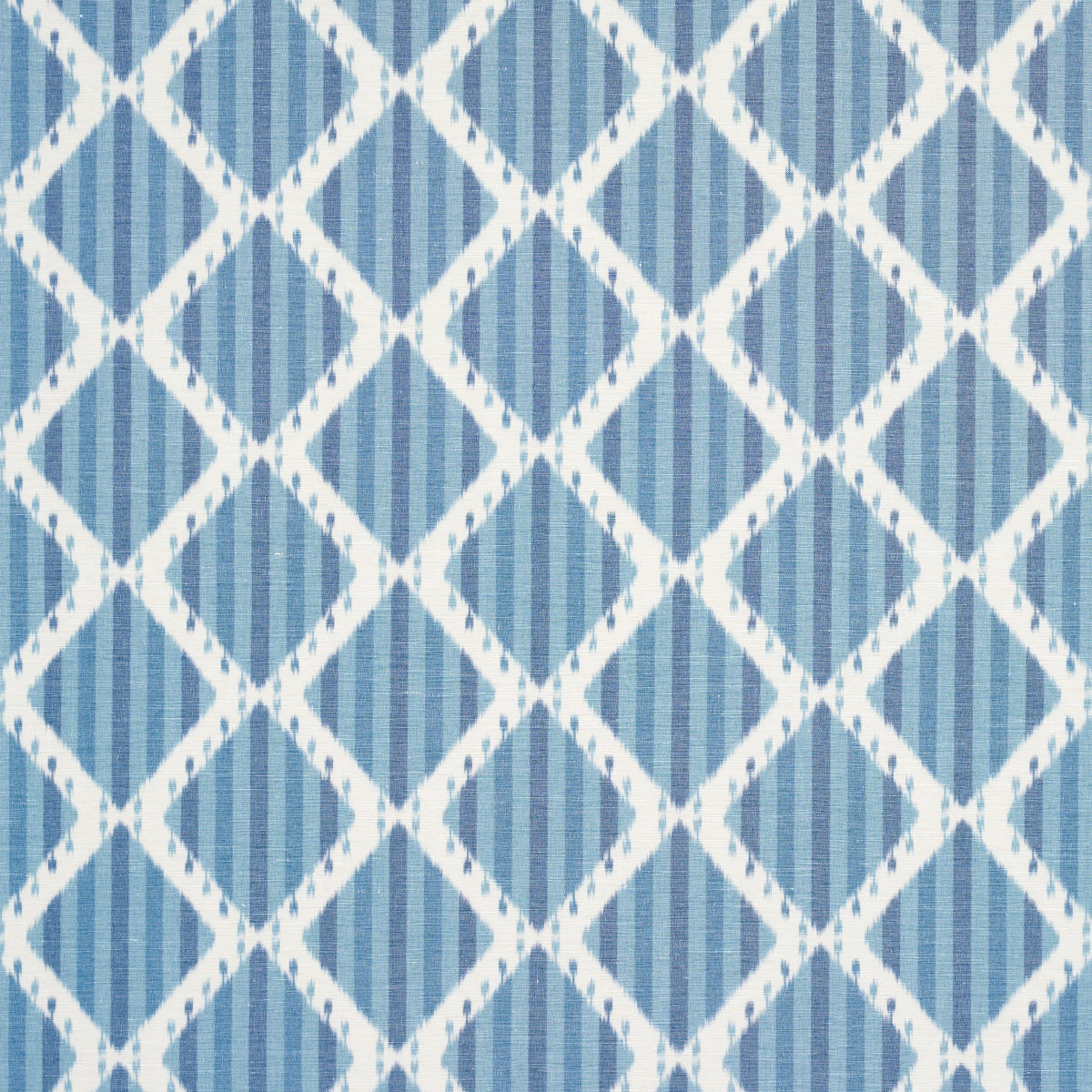 Blue and white striped Ikat print fabric with a geometric pattern; suitable for upholstery or wallpaper.