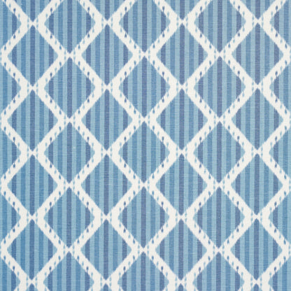 Blue and white striped Ikat print fabric with a geometric pattern; suitable for upholstery or wallpaper.