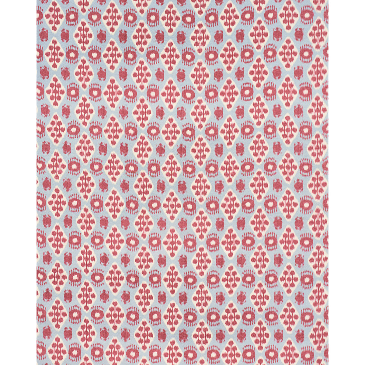 Light blue background with a repeating red floral damask pattern; decorative textile or wallpaper print.