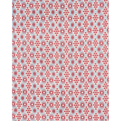 Light blue background with a repeating red floral damask pattern; decorative textile or wallpaper print.