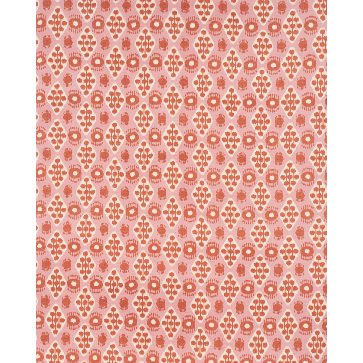 Pink and tangerine Ikat print fabric with a geometric pattern.