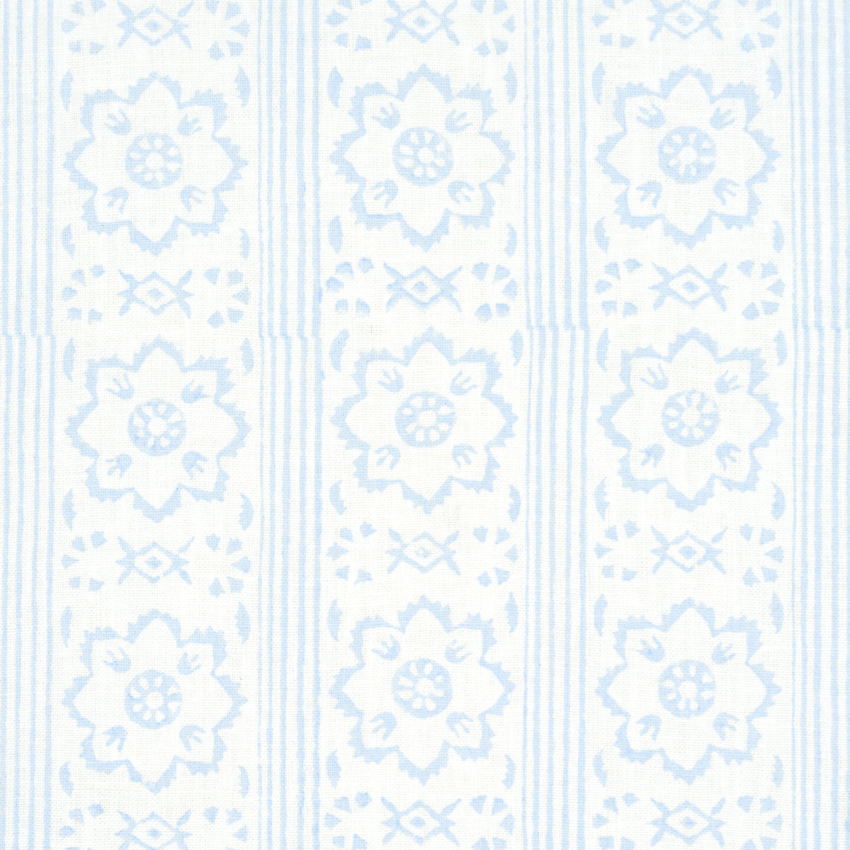 Light blue and white striped wallpaper with repeating floral medallions and narrow vertical lines.