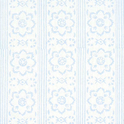 Light blue and white striped wallpaper with repeating floral medallions and narrow vertical lines.