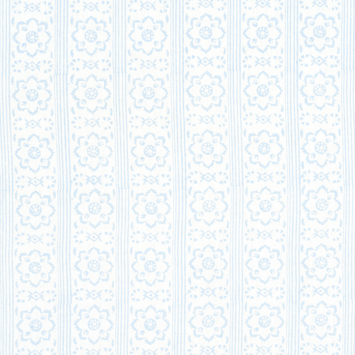 Light blue floral stripe wallpaper with repeating medallion flowers and vertical borders.
