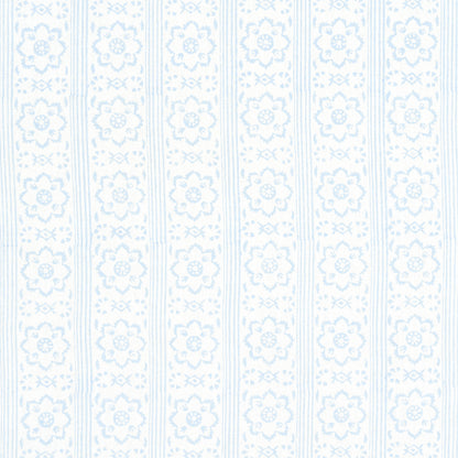 Light blue floral stripe wallpaper with repeating medallion flowers and vertical borders.
