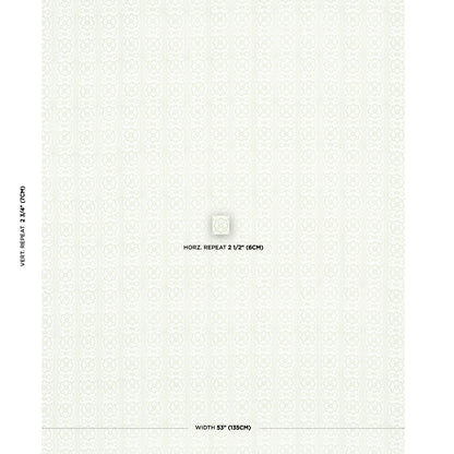 Cream damask wallpaper with pale ivory pattern; small white tile in center for scale; edge measurement marks.