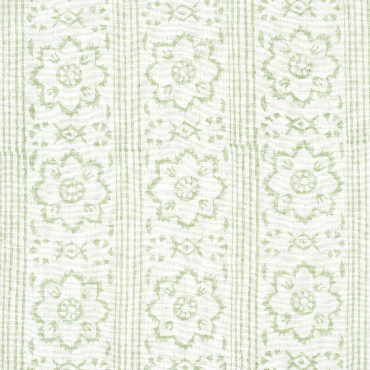 Mint-green floral striped woven fabric with repeating medallion flowers and narrow vertical bands.