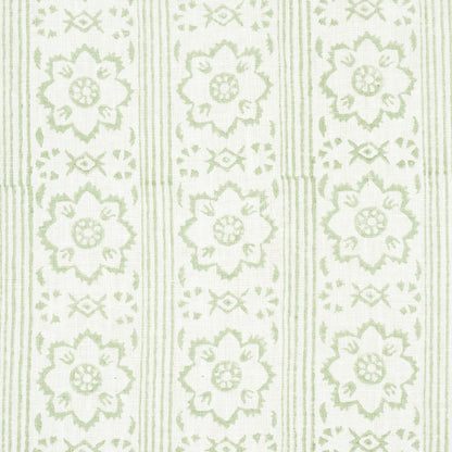 Mint-green floral striped woven fabric with repeating medallion flowers and narrow vertical bands.