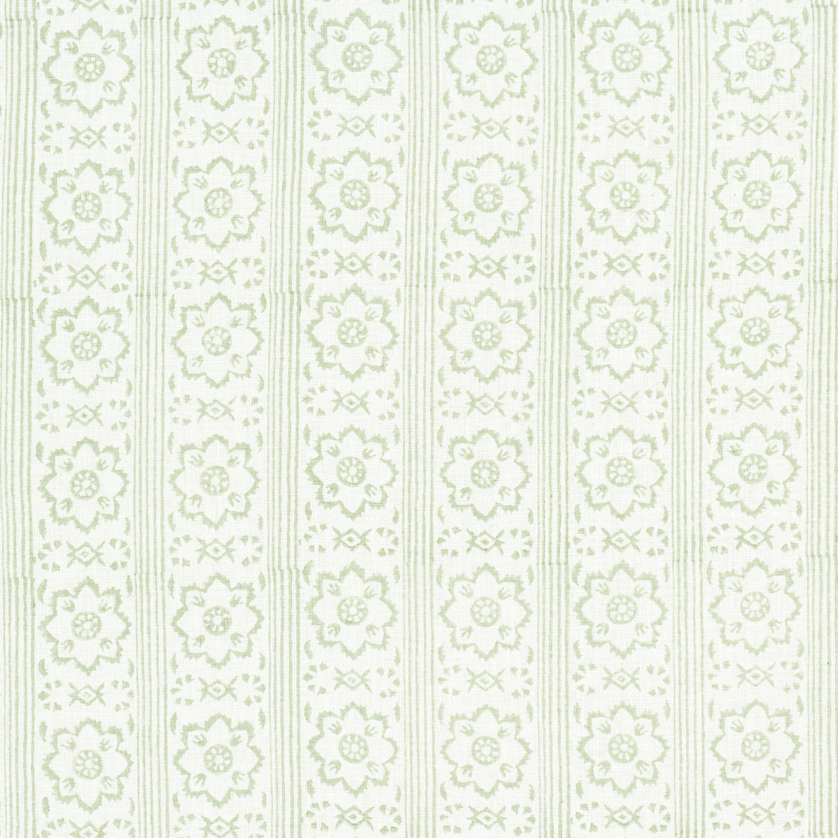 Pale green damask floral stripe wallpaper with vertical rows of blossoms and decorative borders.