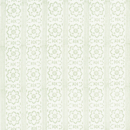 Pale green damask floral stripe wallpaper with vertical rows of blossoms and decorative borders.