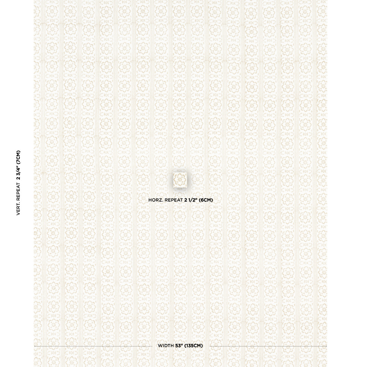 Cream damask wallpaper with delicate ivory vertical pattern; center square swatch.