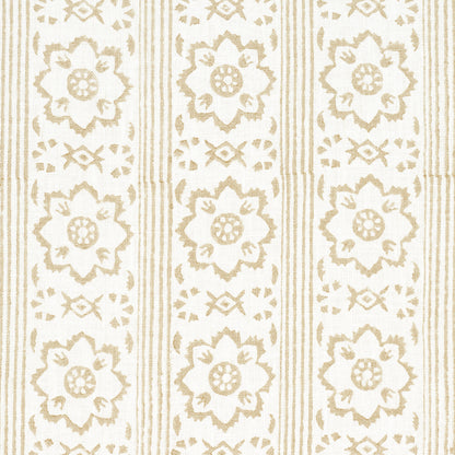 Beige floral medallion pattern with vertical stripes on cream fabric; vintage-style rug or wallpaper design.
