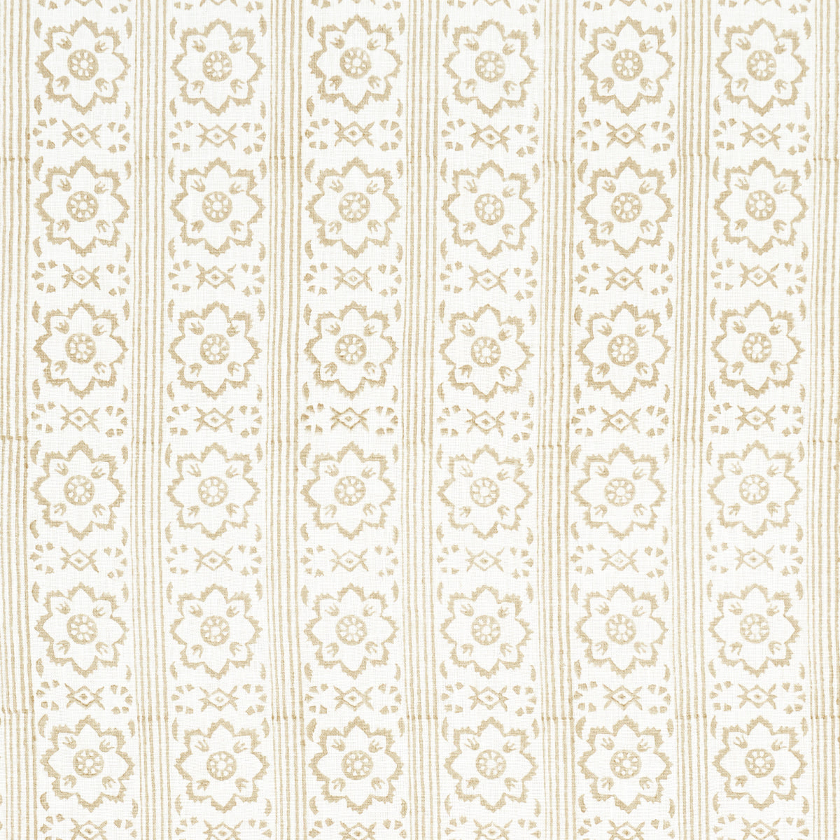 Beige floral damask striped wallpaper with vertical columns of blossoms on ivory background.