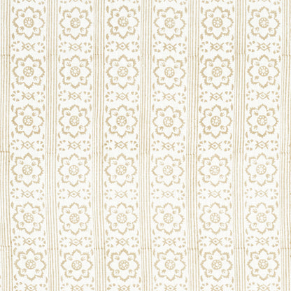 Beige floral damask striped wallpaper with vertical columns of blossoms on ivory background.