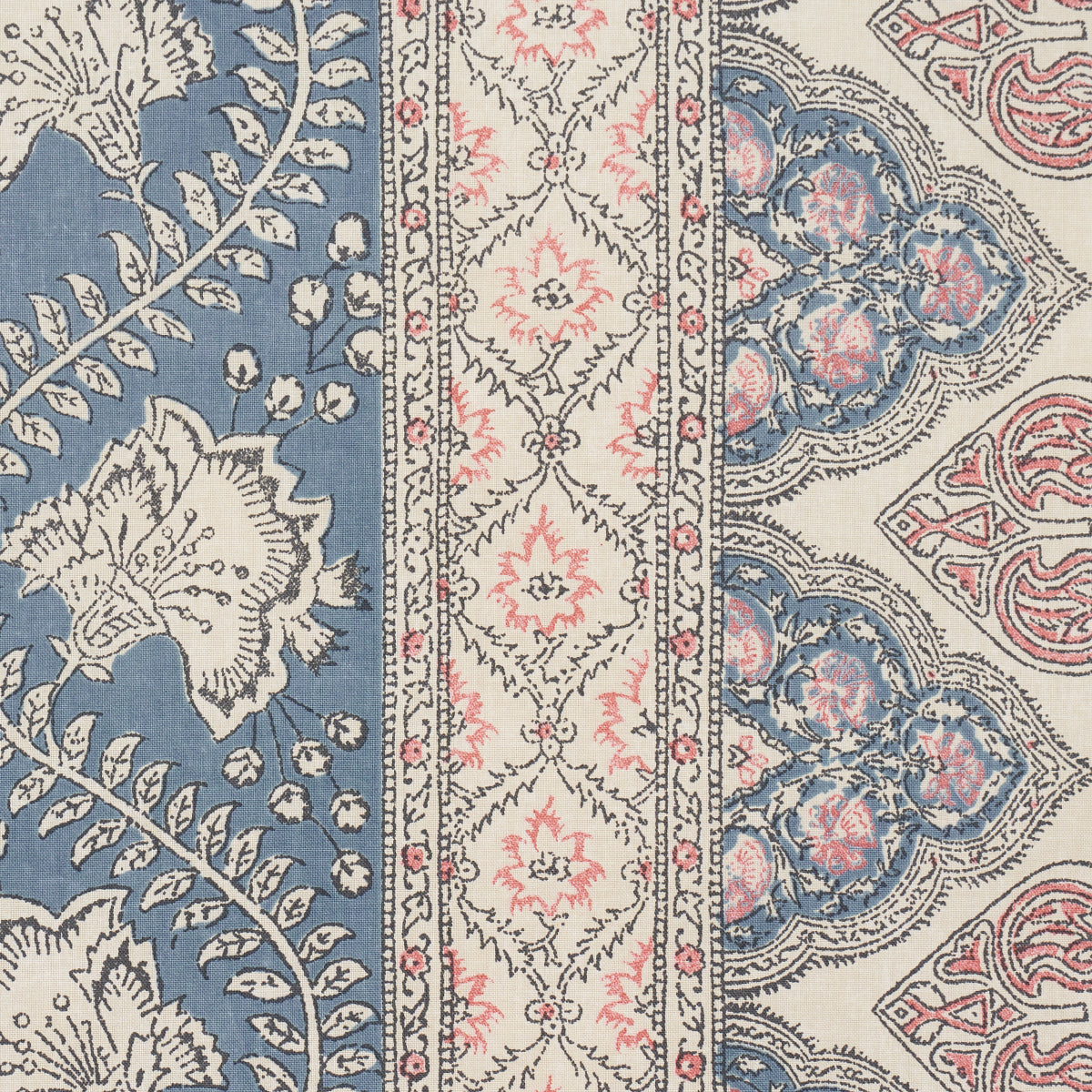 Ornate patterned rug with blue side panels, ivory central stripe with pink diamonds, and decorative borders.