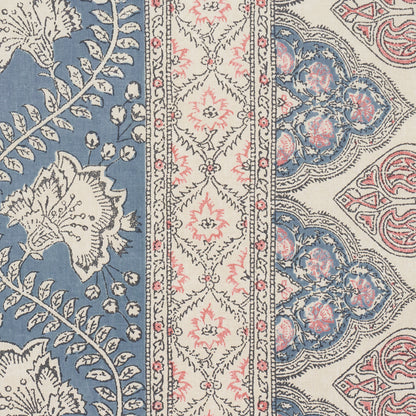 Ornate patterned rug with blue side panels, ivory central stripe with pink diamonds, and decorative borders.