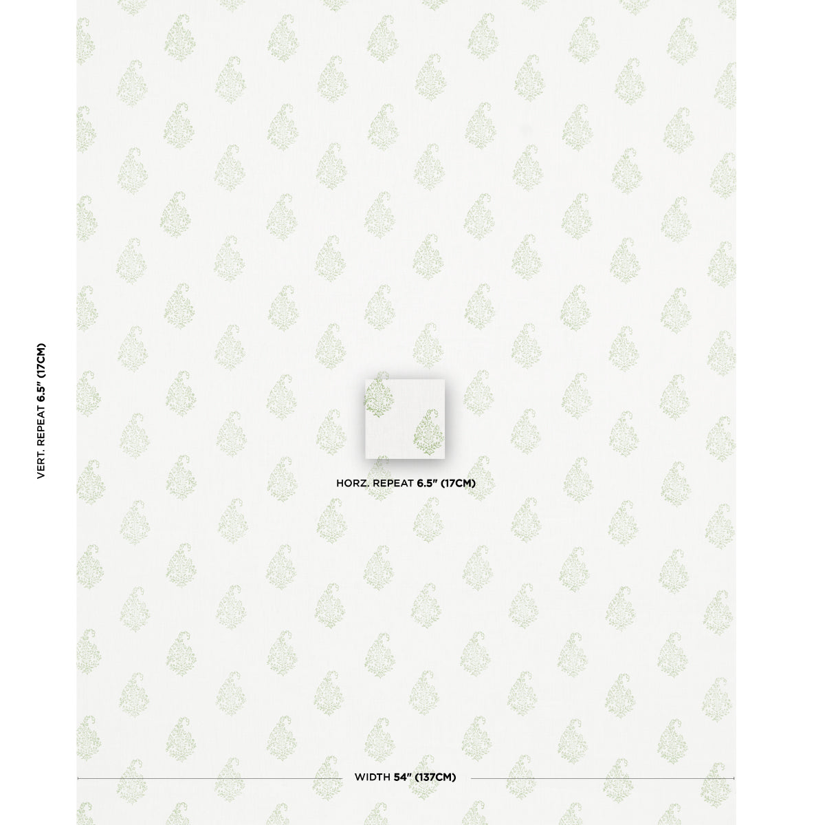 Pale green paisley leaf motif on white wallpaper; subtle repeating pattern; swatch shows 6.5" horizontal repeat, 54" wide.