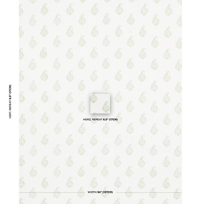 Pale green paisley leaf motif on white wallpaper; subtle repeating pattern; swatch shows 6.5" horizontal repeat, 54" wide.