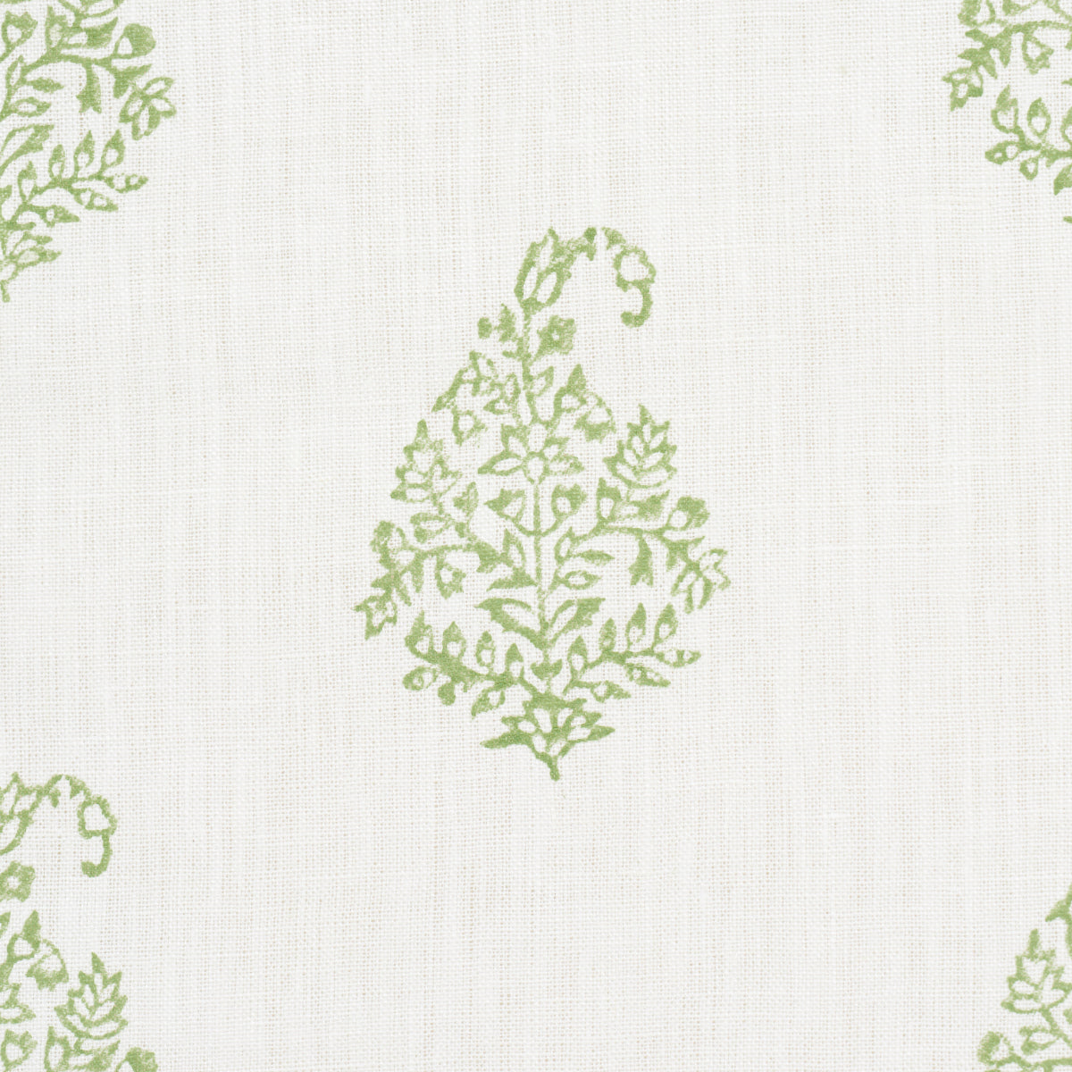 Cream fabric with sage green paisley leaf print, decorative textile for curtains or cushions.