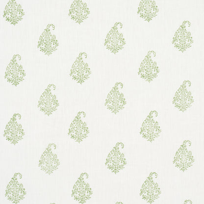 Soft ivory background with repeating pale green ornate leaf damask motifs.