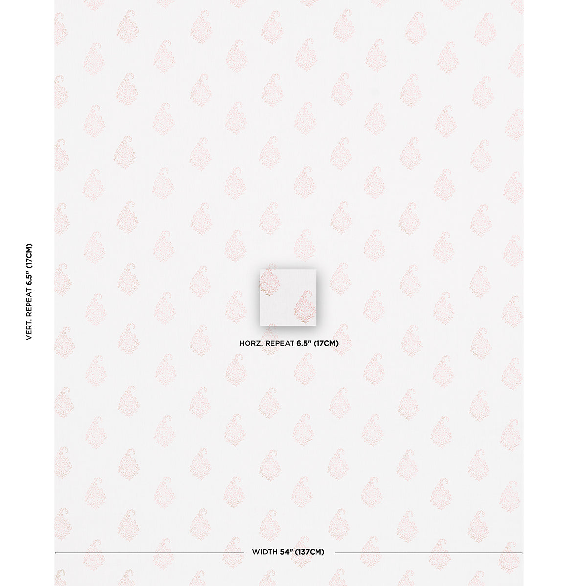 White wallpaper with pale pink teardrop motifs in a repeating pattern; 6.5" horiz repeat, 54" width.
