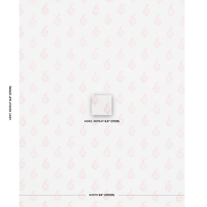 White wallpaper with pale pink teardrop motifs in a repeating pattern; 6.5" horiz repeat, 54" width.