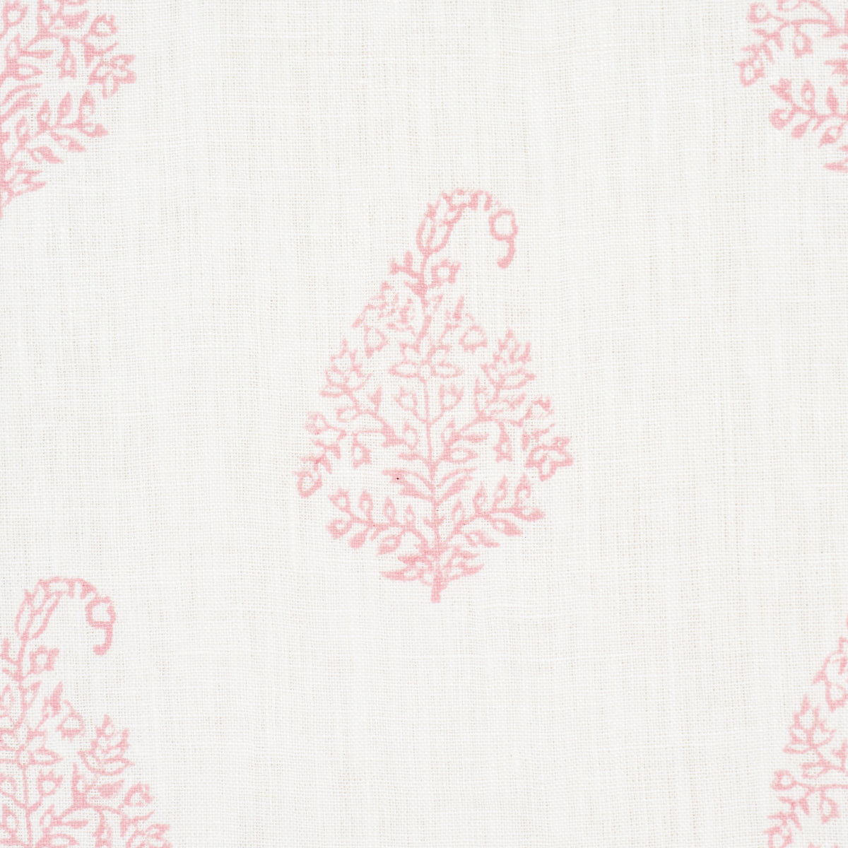 Soft pink paisley print on ivory linen-textured fabric, repeating pattern.