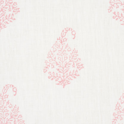 Soft pink paisley print on ivory linen-textured fabric, repeating pattern.