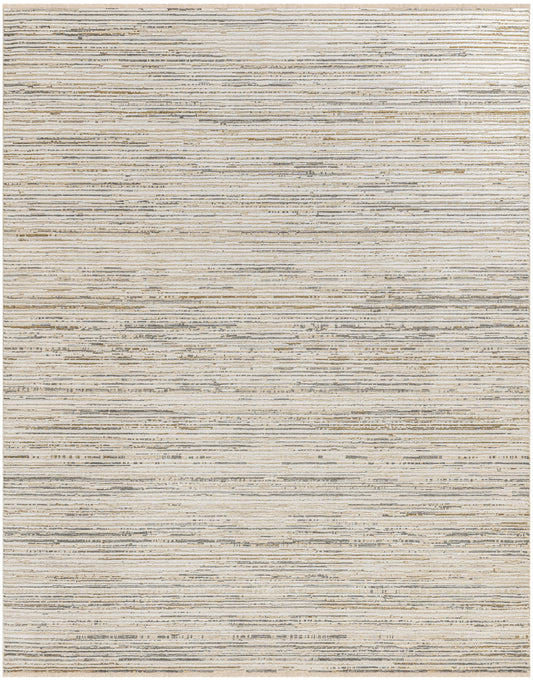 Rectangular beige and gray striped woven rug with subtle horizontal lines; natural fiber look, modern neutral decor.